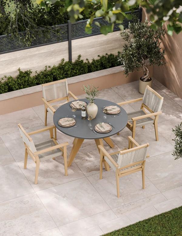 royalcraft Luna 4 Seater Round Concrete Dining Set with Roma Rope Stacking Chairs