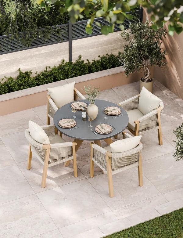 royalcraft Luna 4 Seater Round Concrete Table Dining Set with Roma Rope Dining Ch