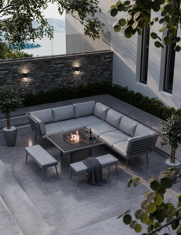 royalcraft Mayfair Corner Lounging Set with Fire Pit Table and 2 Benches