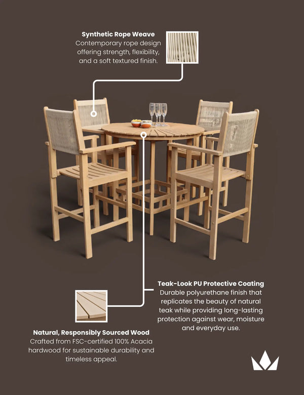 Royalcraft Roma 100cm Round Sunray High Bar Table With 4 Roma Rope Bar Stools