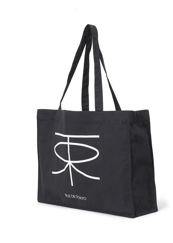 Rue De Tokyo COTTON CANVAS SHOPPING BAG BLACK W. WHITE PRINT