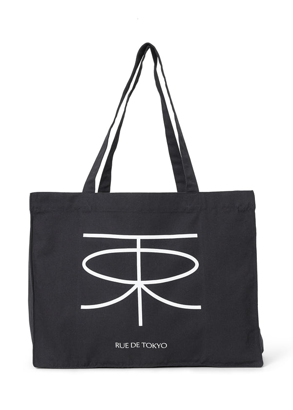 rue de tokyo COTTON CANVAS SHOPPING BAG BLACK W. WHITE PRINT