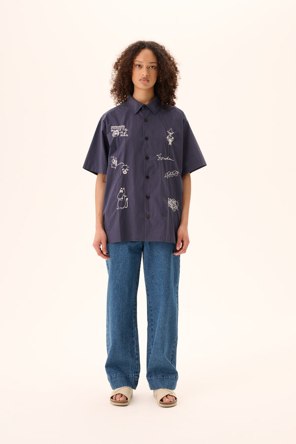 rue de tokyo SALVIO MOOMIN POPLIN EMB - NAVY CHALK EMBROIDERY