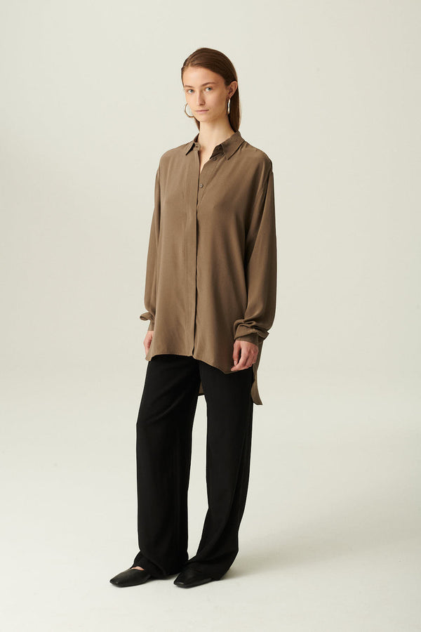 Rue De Tokyo SHELBY CREPE DE CHINE SILK SHIRT WALNUT