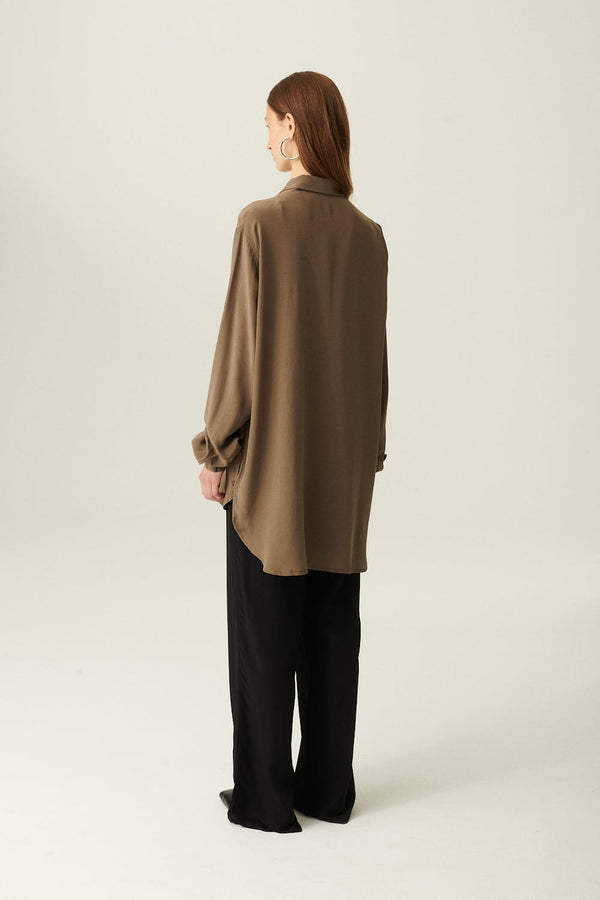 Rue De Tokyo SHELBY CREPE DE CHINE SILK SHIRT WALNUT