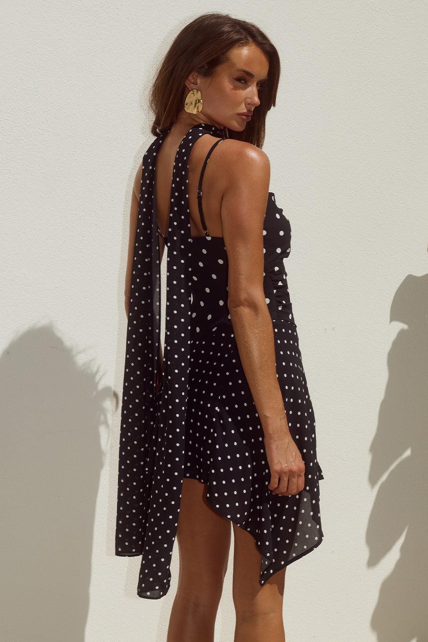 Runaway The Label ALORA SCOOP NECK MINI DRESS - BLACK/WHITE POLKA
