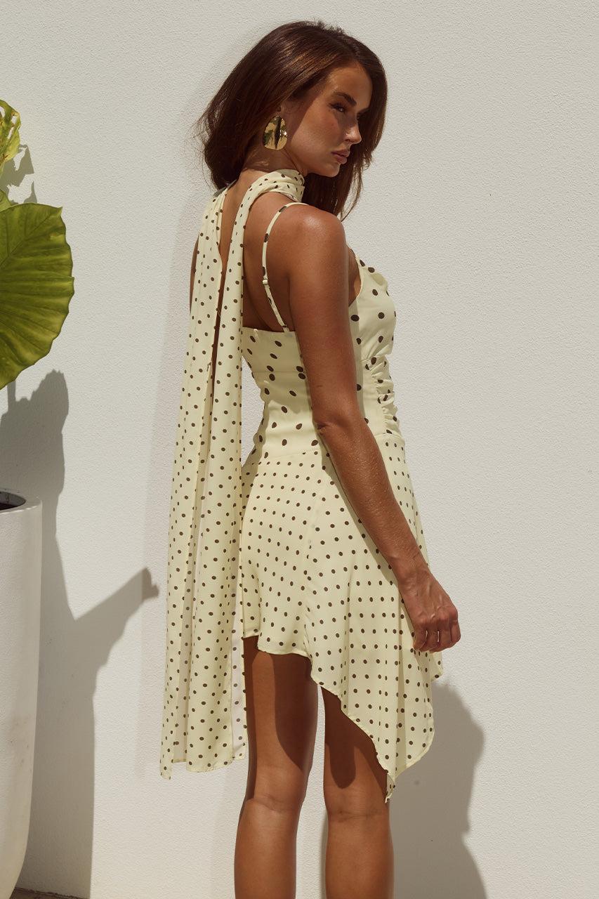 Runaway The Label ALORA SCOOP NECK MINI DRESS - LEMON/CHOC POLKA