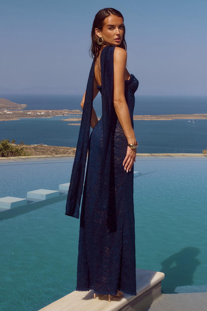 Runaway The Label AMANA STRAPLESS SCARF MAXI DRESS - NAVY
