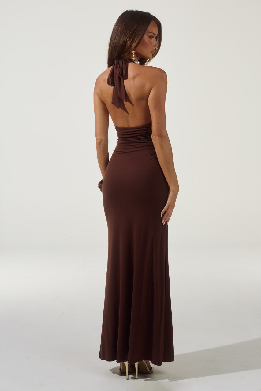 Runaway The Label ARINA HALTER V-NECK MAXI DRESS - ESPRESSO