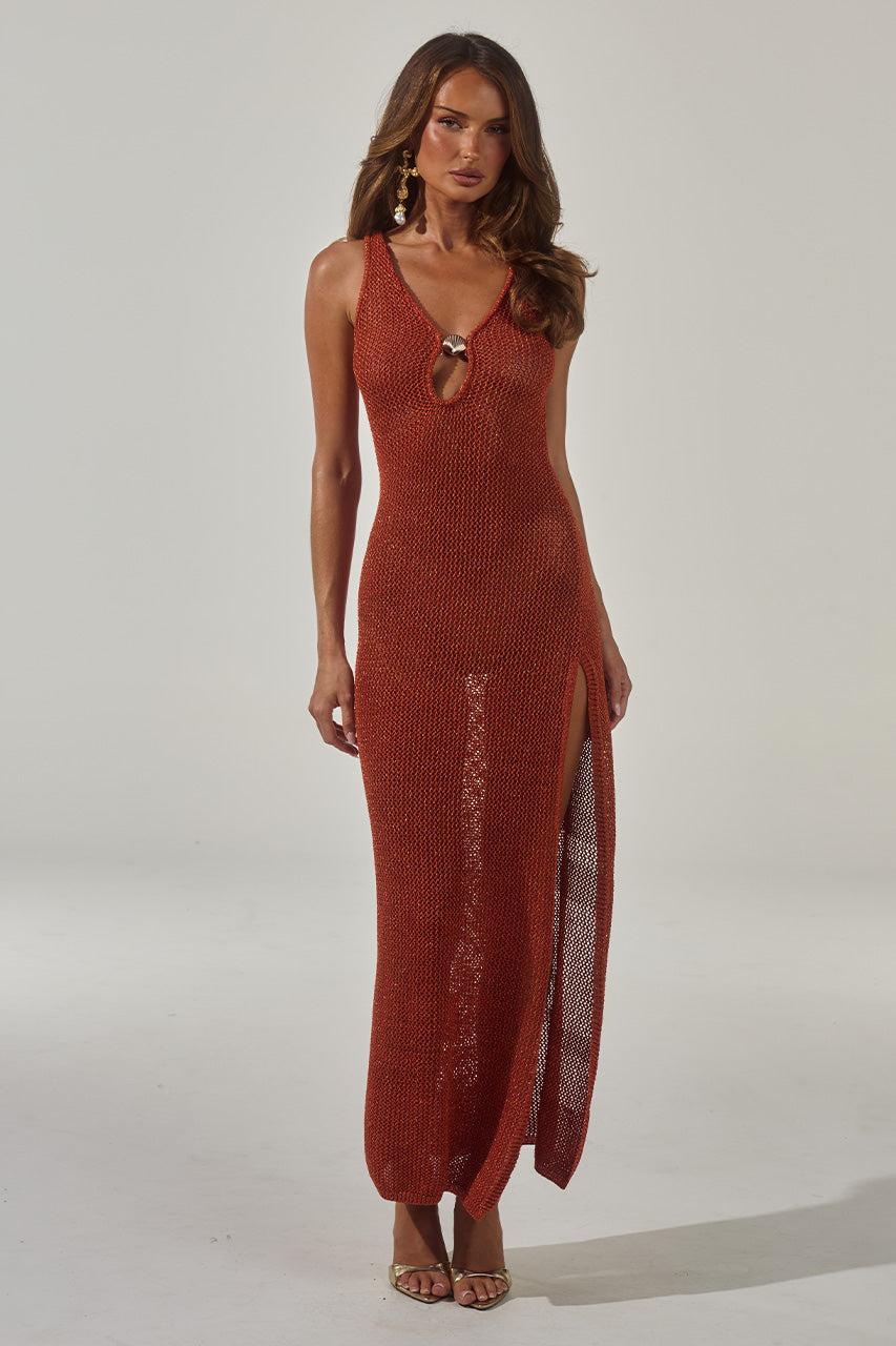 runaway the label ARIYA SLEEVELESS KNIT MAXI DRESS - RUST METALLIC