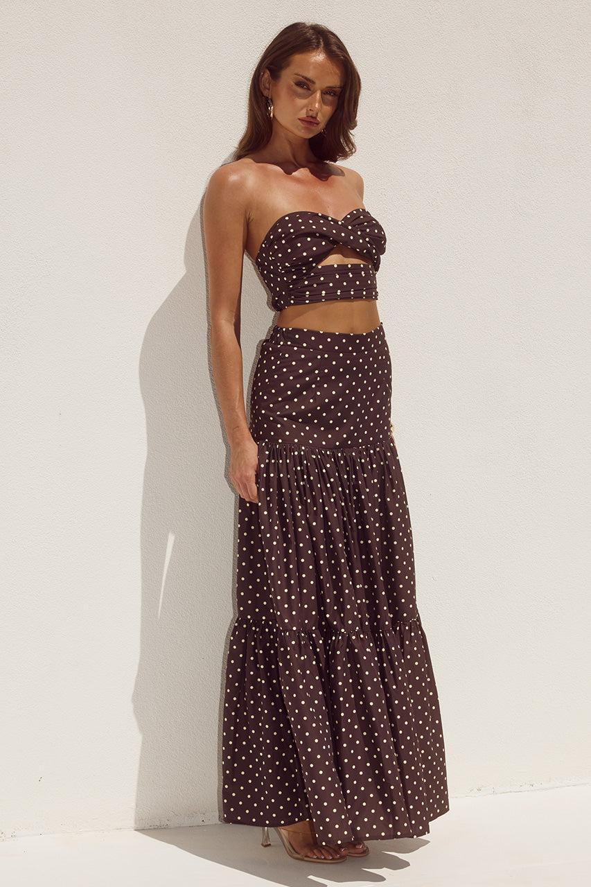 Runaway The Label AYLA TIERED MAXI SKIRT - CHOC/LEMON POLKA