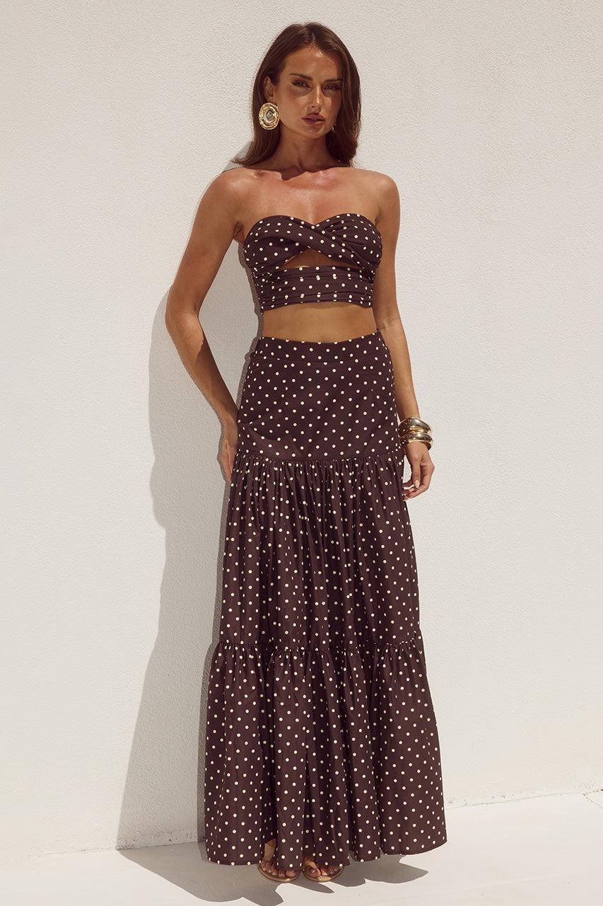 runaway the label AYLA TIERED MAXI SKIRT - CHOC/LEMON POLKA