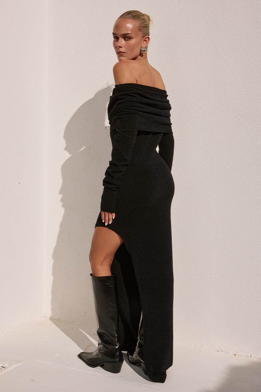 Runaway The Label BARLY OFF SHOULDER KNIT MAXI DRESS - BLACK