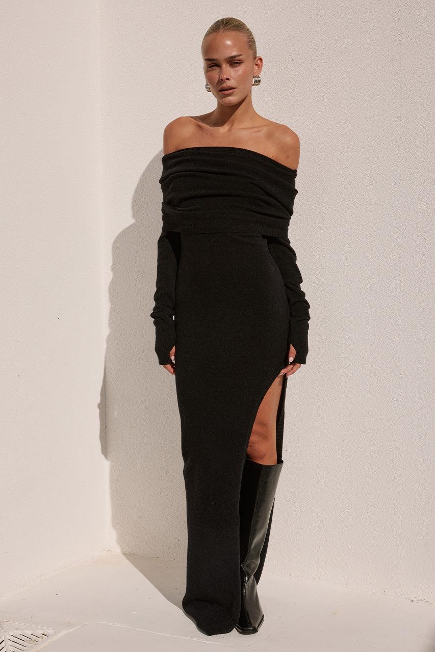 runaway the label BARLY OFF SHOULDER KNIT MAXI DRESS - BLACK