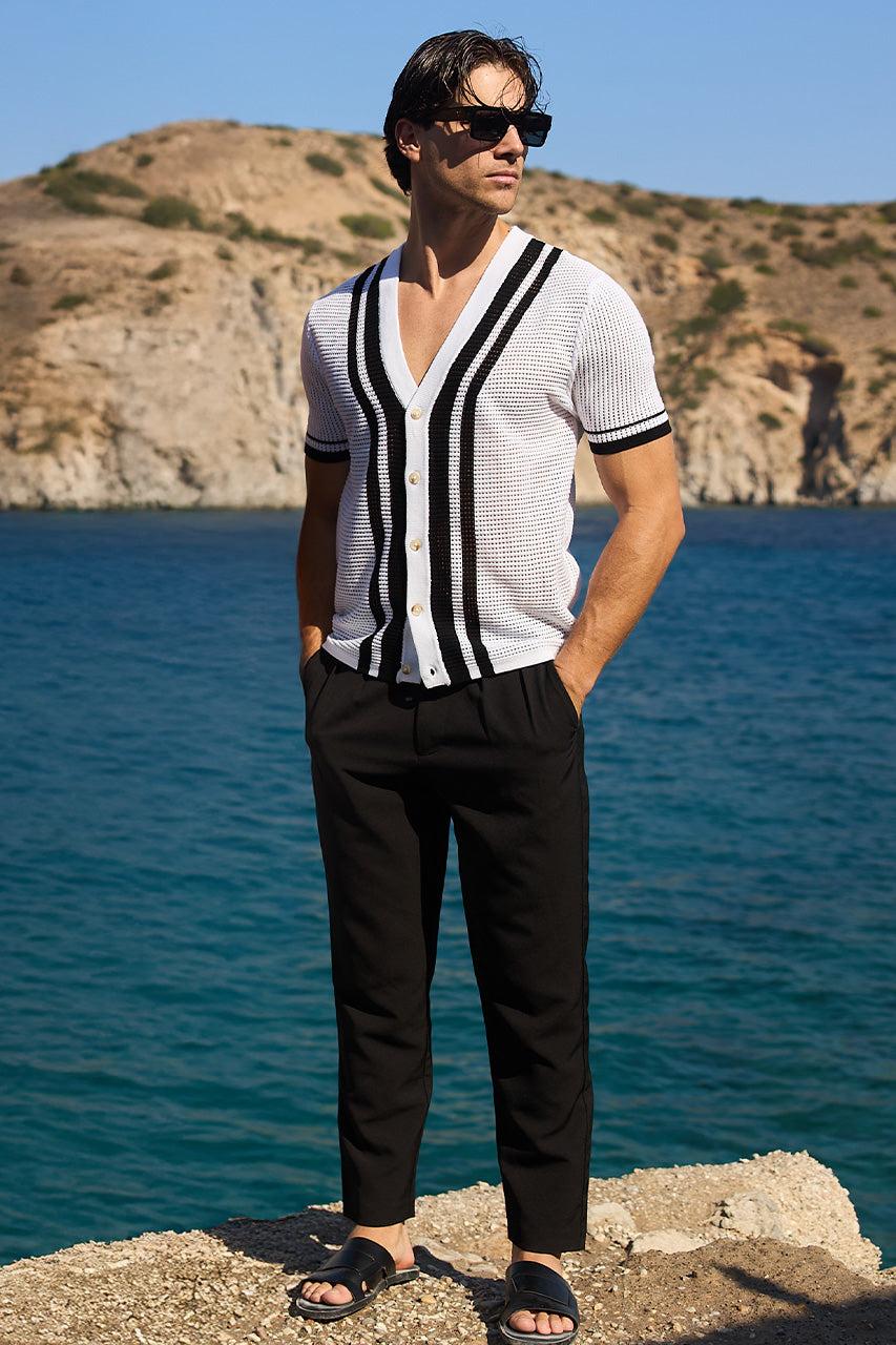 Runaway The Label BENNET SHORT SLEEVE KNIT SHIRT - WHITE/BLACK