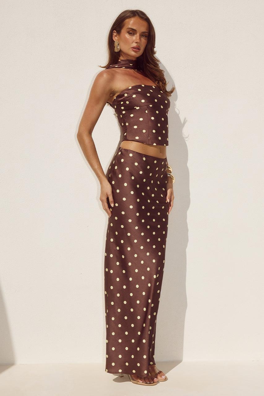 Runaway The Label BLAINE LOW WAIST MAXI SKIRT - CHOC/LEMON POLKA