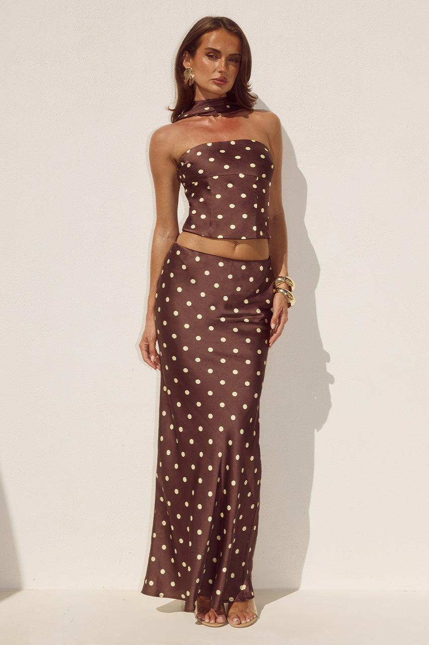 runaway the label BLAINE LOW WAIST MAXI SKIRT - CHOC/LEMON POLKA
