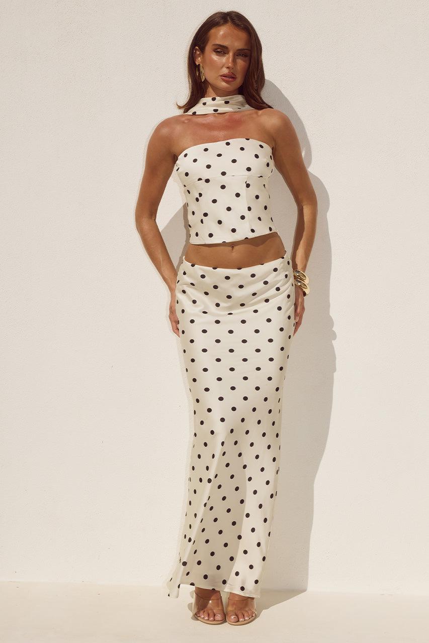 runaway the label BLAINE LOW WAIST MAXI SKIRT - CREAM/BLACK POLKA