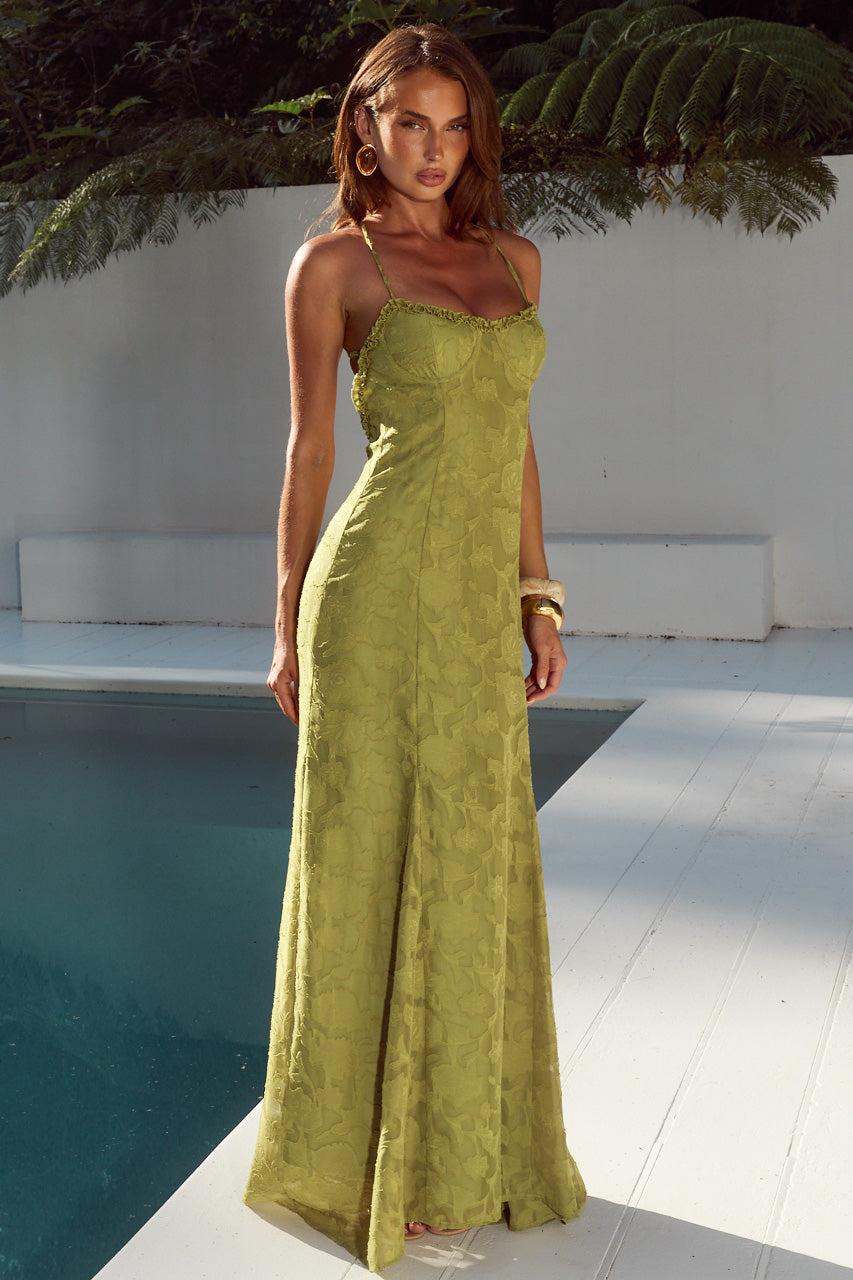 runaway the label ELLERBY FRILL TRIM MAXI DRESS - OLIVE