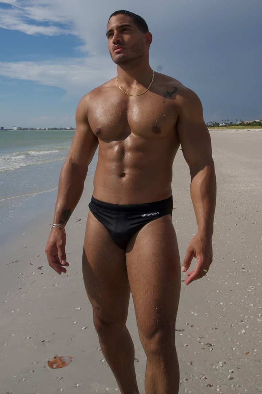 Runaway The Label EMILIO PRINTED RACER SWIM BRIEF - BLACK/RNWY PRINT