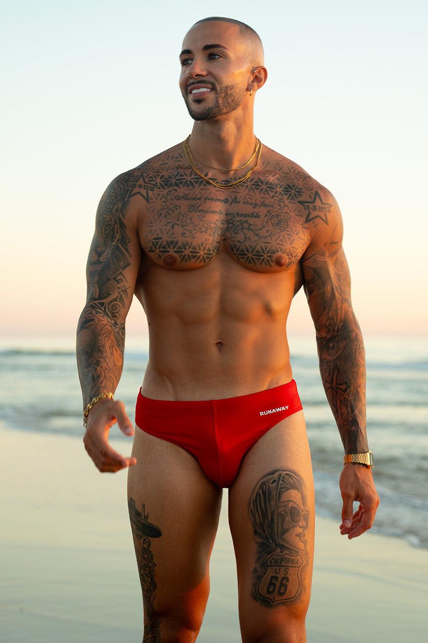 Runaway The Label EMILIO PRINTED RACER SWIM BRIEF - RED/RNWY PRINT
