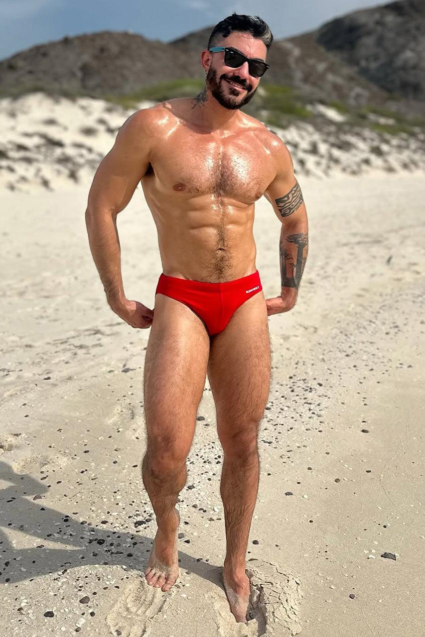 Runaway The Label EMILIO PRINTED RACER SWIM BRIEF - RED/RNWY PRINT