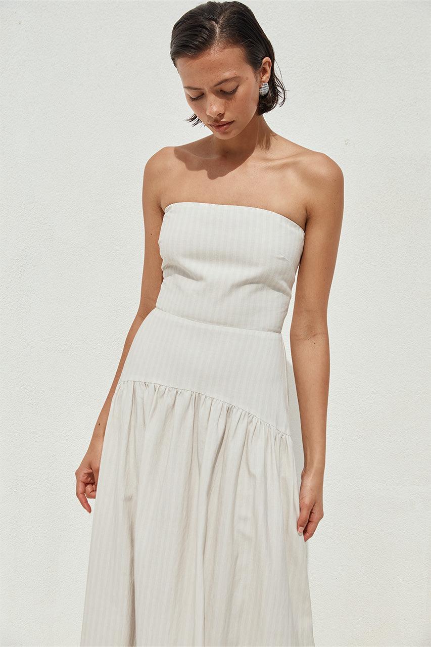 Runaway The Label HEATHER MIDI DRESS - STONE PINSTRIPE