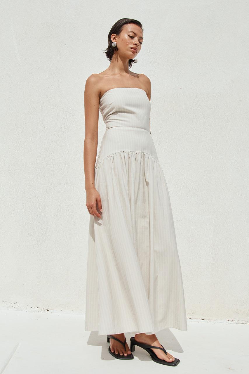 runaway the label HEATHER MIDI DRESS - STONE PINSTRIPE