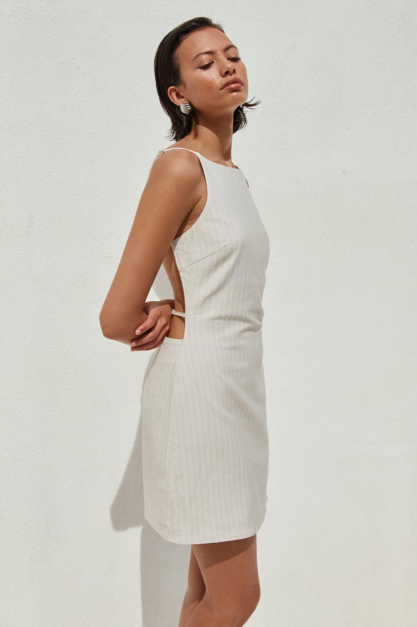 runaway the label HEATHER MINI DRESS - STONE PINSTRIPE