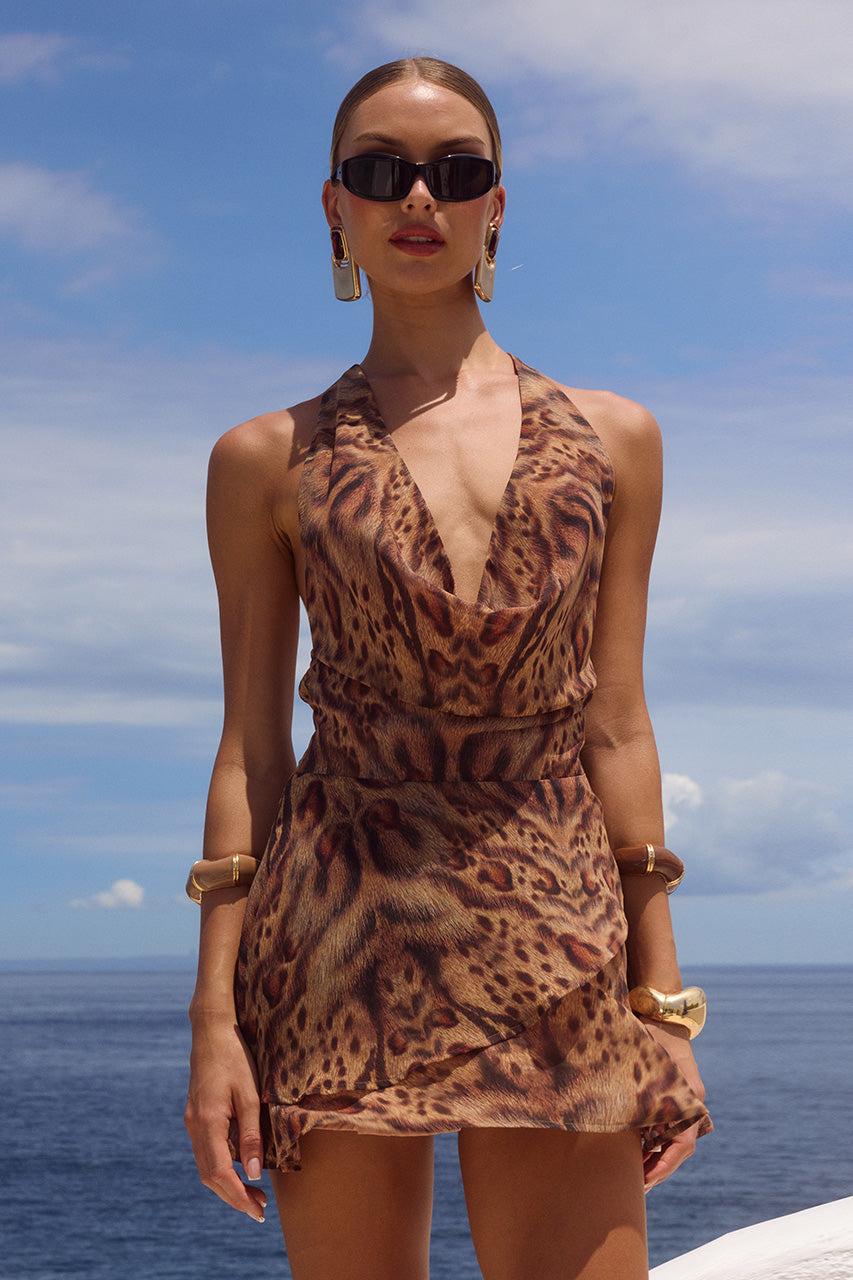 runaway the label IMALI HALTER COWL MINI DRESS - MENDEZ BROWN