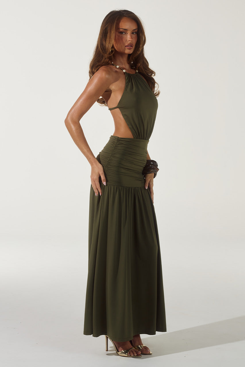 Runaway The Label IMELDA HIGH NECK MAXI DRESS - OLIVE