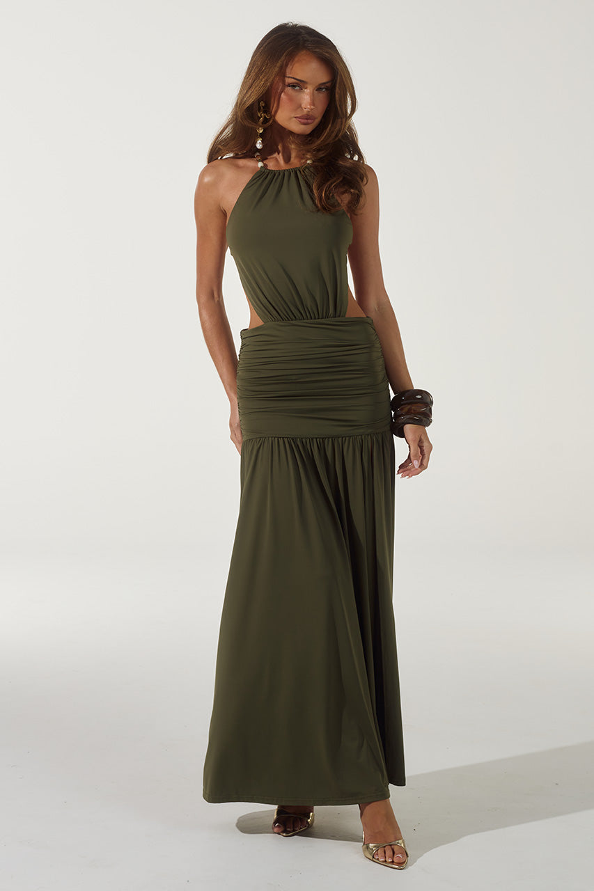 Runaway The Label IMELDA HIGH NECK MAXI DRESS - OLIVE