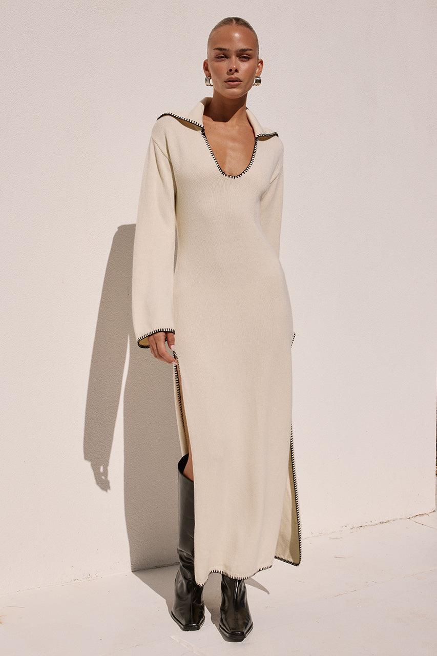 runaway the label IVANA SLEEVED KNIT MAXI DRESS - CREAM