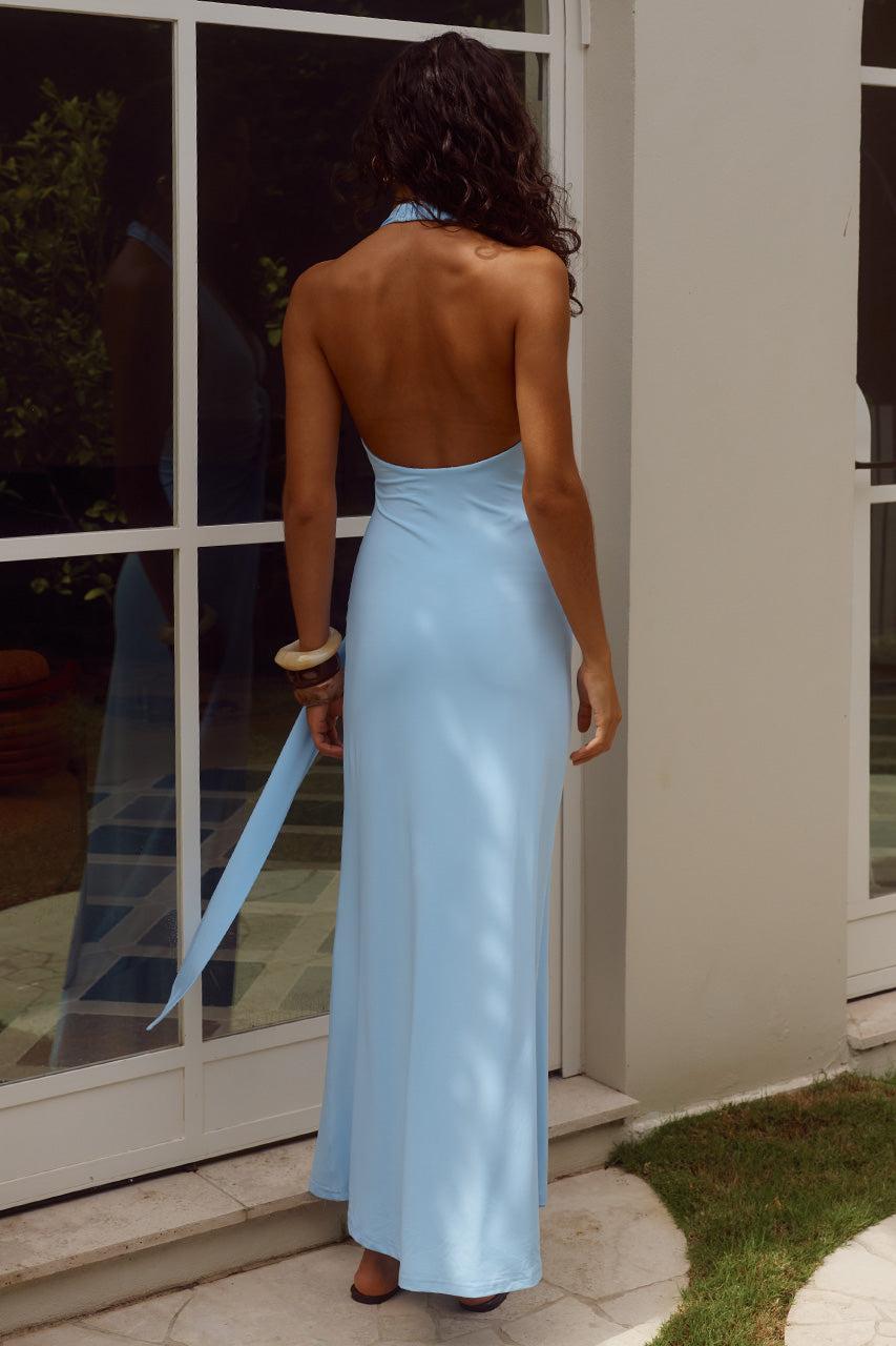 Runaway The Label KAELI TIE FRONT HALTER MAXI DRESS - SKY BLUE