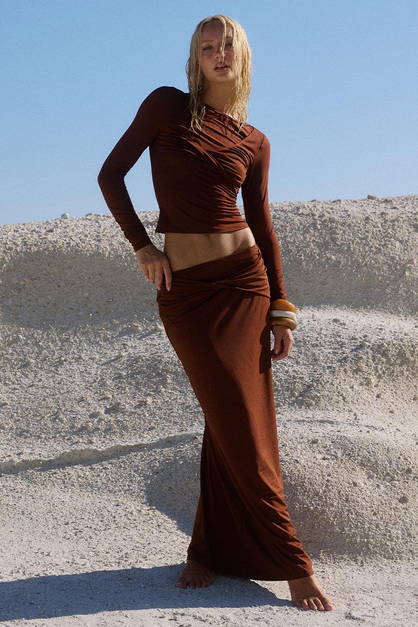runaway the label KAMILLA TWIST MAXI SKIRT - CHOCOLATE