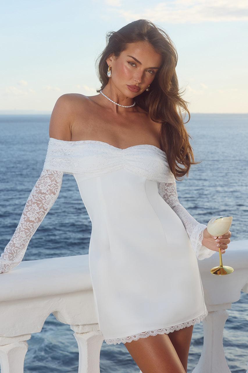 Runaway The Label LEONA LACE LONG SLEEVE MINI DRESS - WHITE