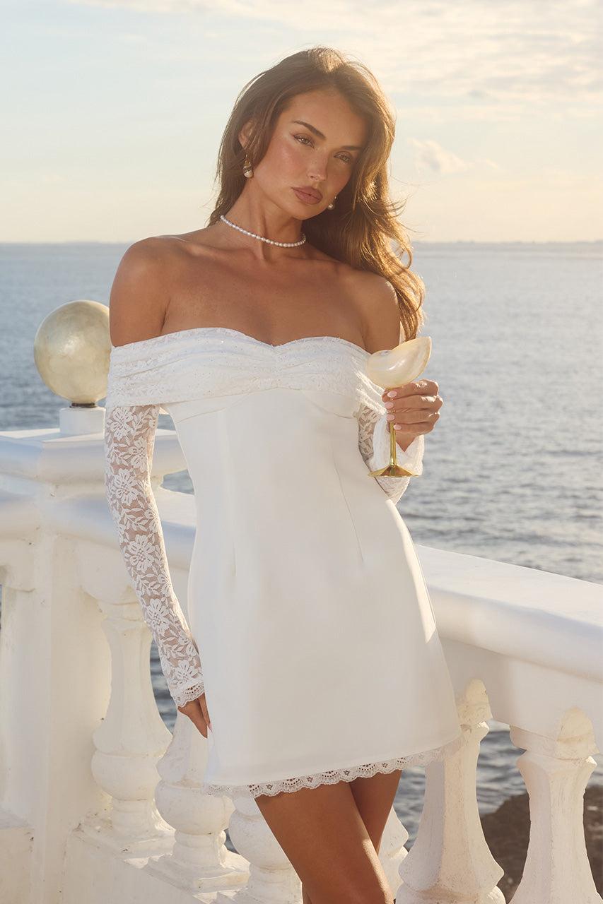 runaway the label LEONA LACE LONG SLEEVE MINI DRESS - WHITE