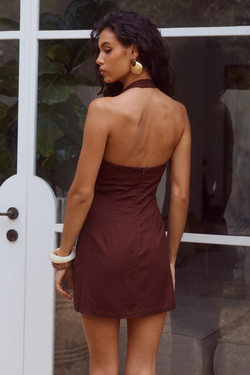 Runaway The Label MARTHA HALTER A-LINE MINI DRESS - CHOCOLATE