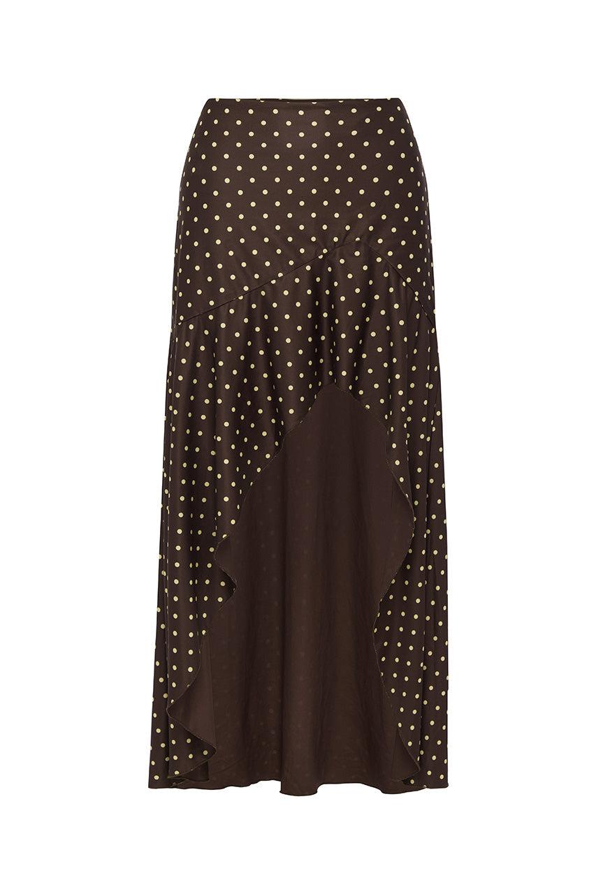 Runaway The Label MELODY FLOUNCE MIDI SKIRT - CHOC/LEMON POLKA