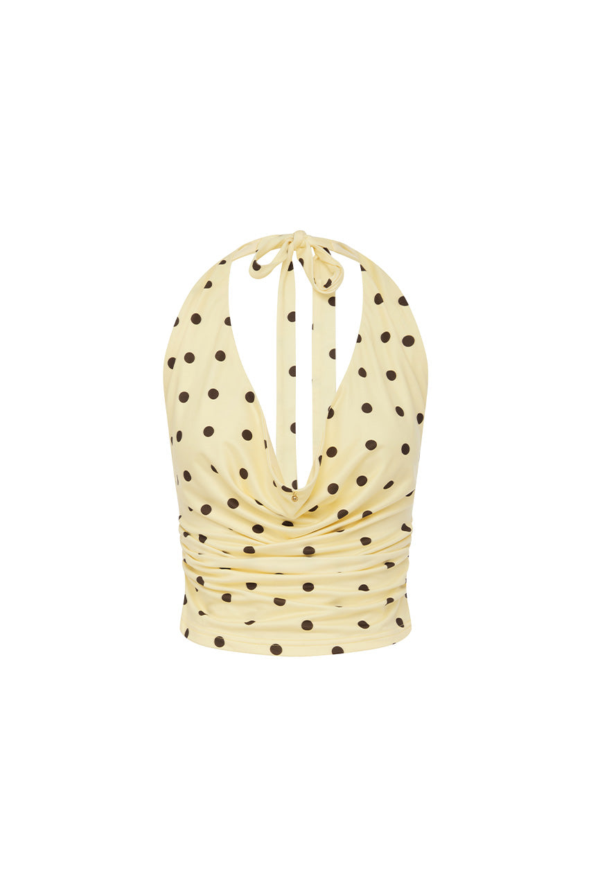 Runaway The Label MELODY HALTER COWL TOP - LEMON/CHOC POLKA