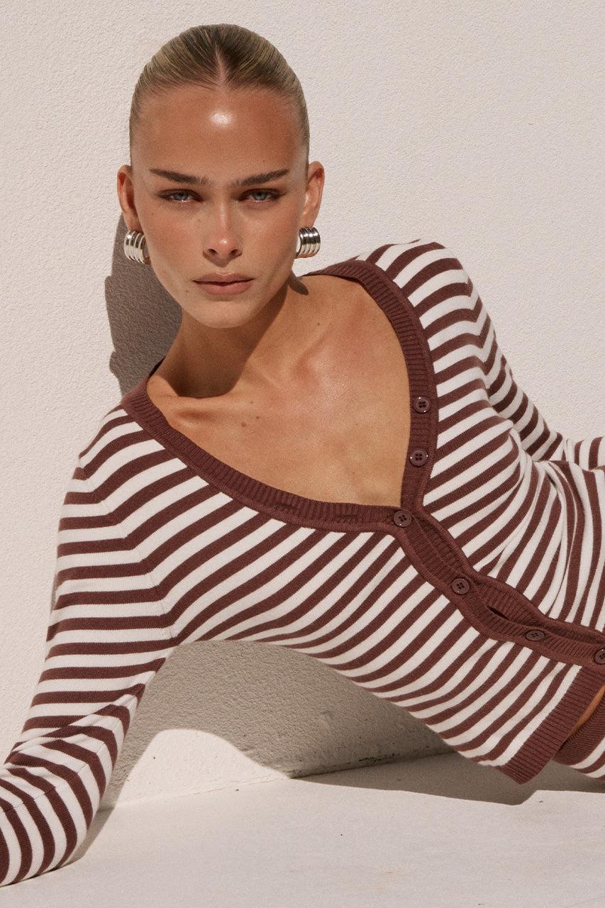 Runaway The Label NOEMI LONG SLEEVE KNIT TOP - CHOC STRIPE