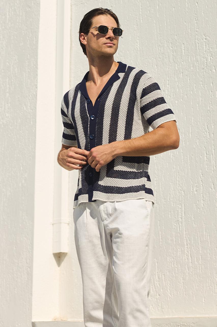 Runaway The Label THEO KNIT SHIRT - NAVY/WHITE