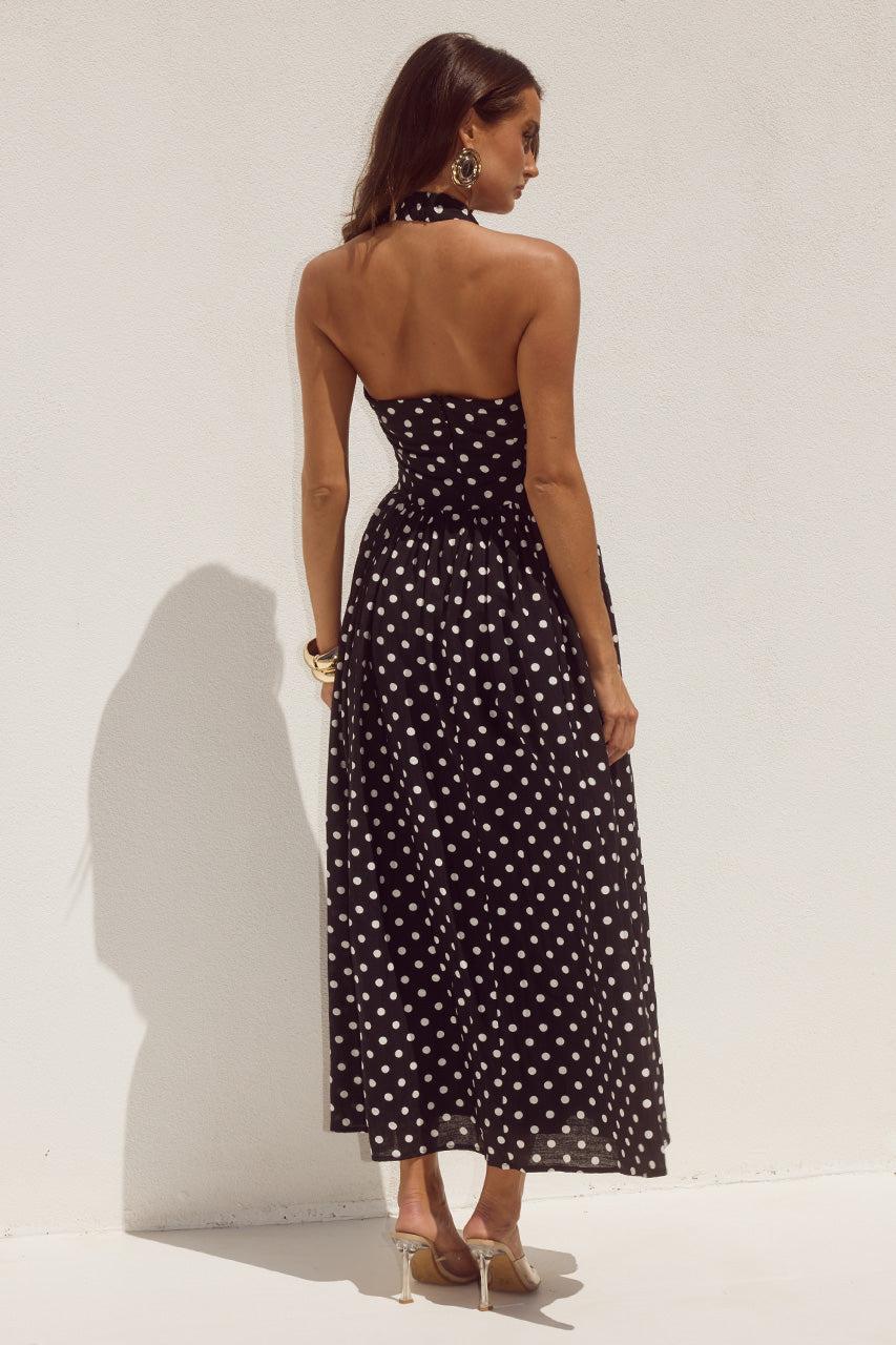 Runaway The Label SAMMI HALTER MIDI DRESS - BLACK/WHITE POLKA