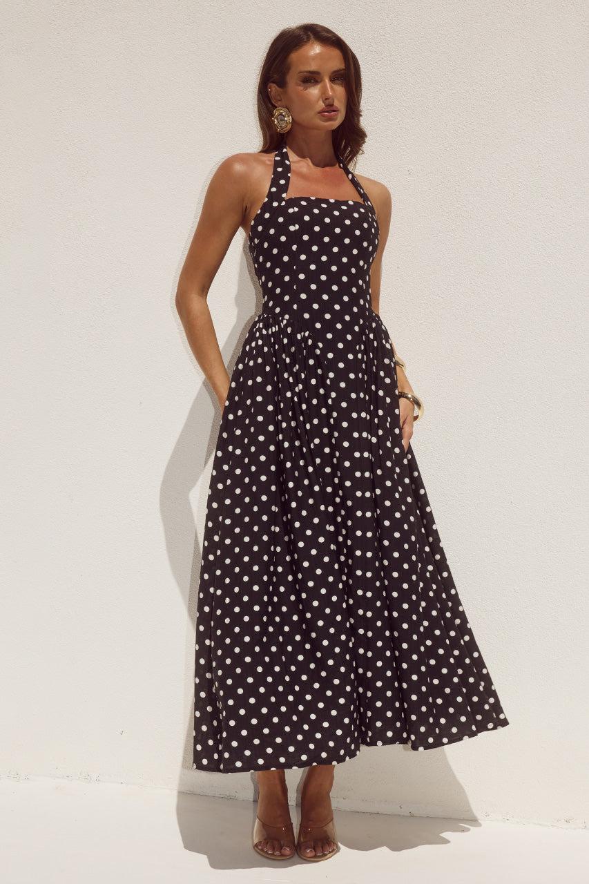 Runaway The Label SAMMI HALTER MIDI DRESS - BLACK/WHITE POLKA