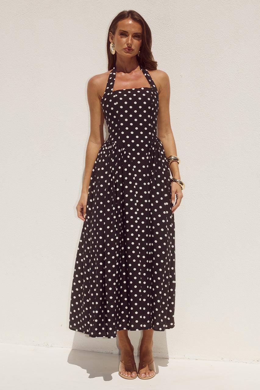 runaway the label SAMMI HALTER MIDI DRESS - BLACK/WHITE POLKA
