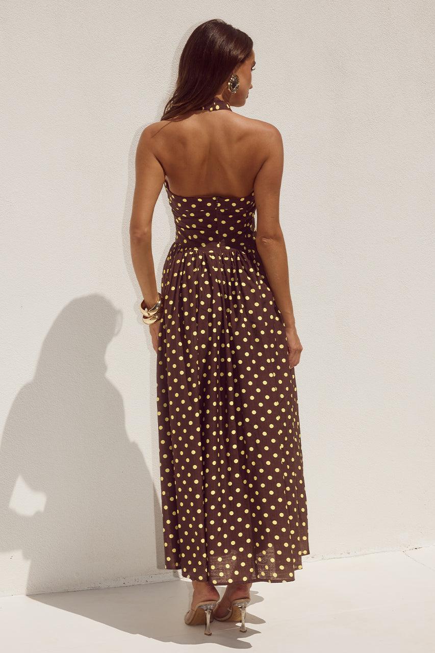 Runaway The Label SAMMI HALTER MIDI DRESS - CHOC/LEMON POLKA