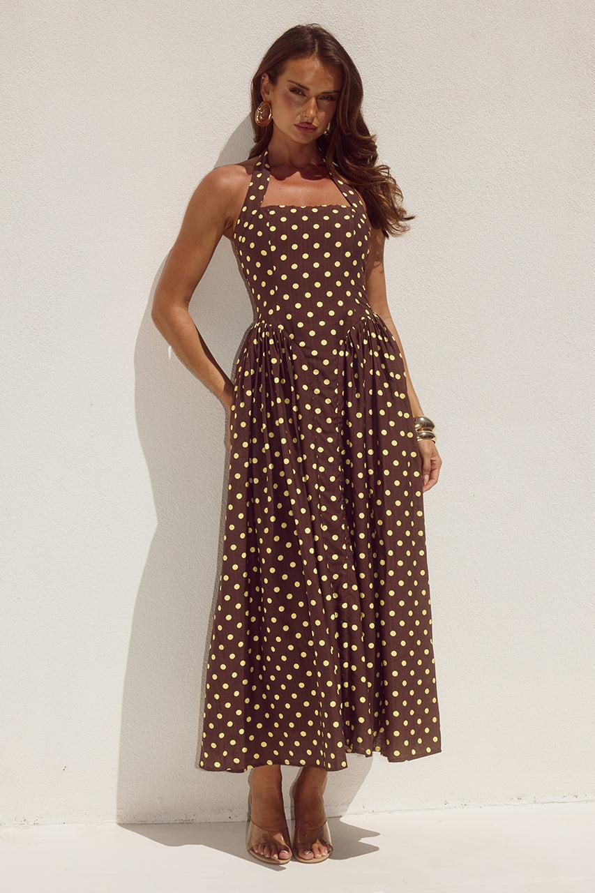 runaway the label SAMMI HALTER MIDI DRESS - CHOC/LEMON POLKA