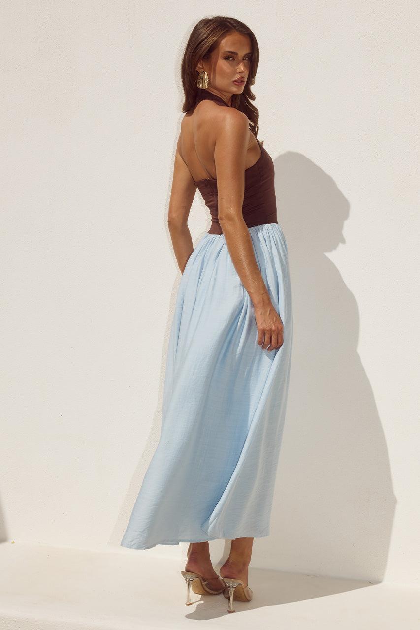 Runaway The Label SAMMI HALTER MIDI DRESS - CHOCOLATE/SKY BLUE