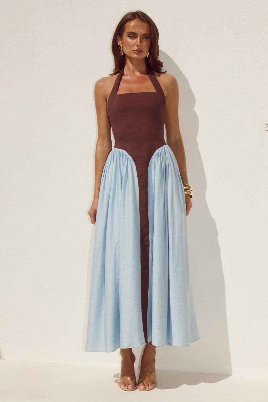 runaway the label SAMMI HALTER MIDI DRESS - CHOCOLATE/SKY BLUE