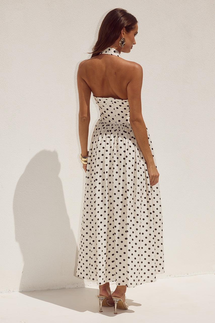 Runaway The Label SAMMI HALTER MIDI DRESS - CREAM/BLACK POLKA